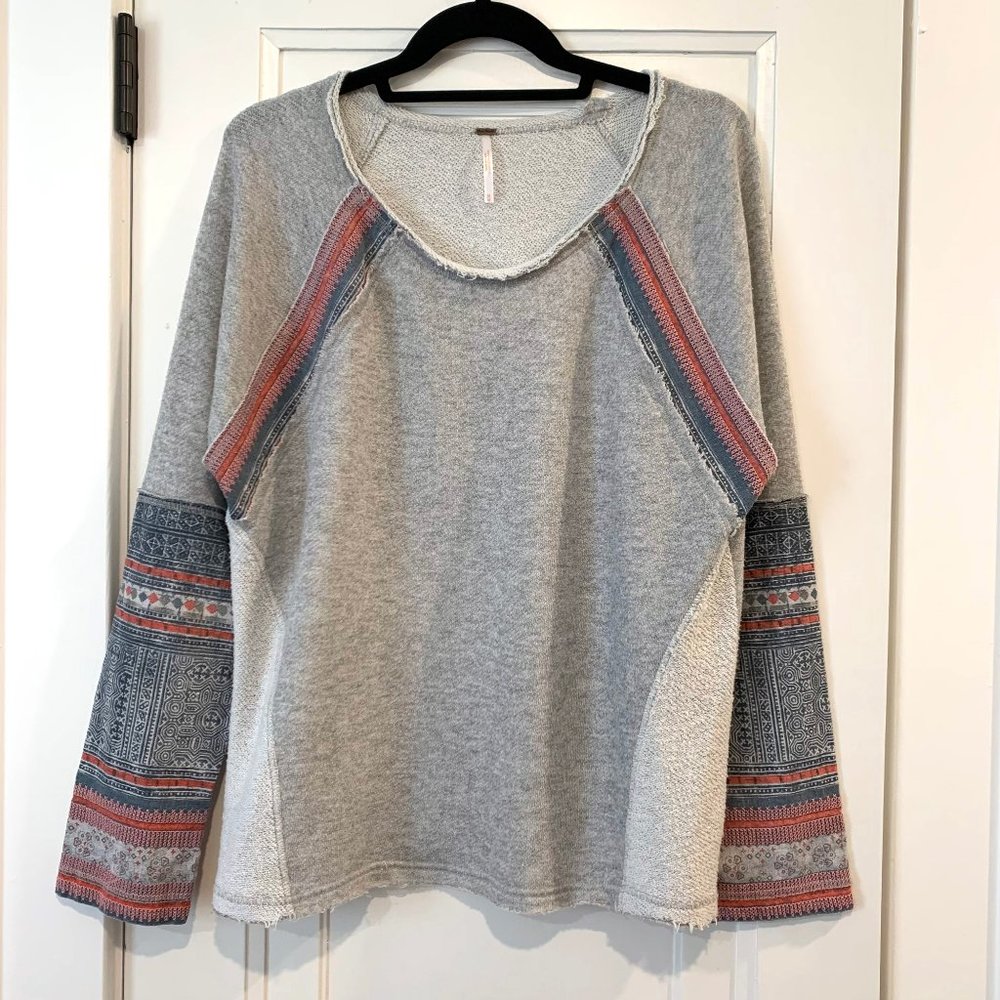 Free People Tribal Print Sleeves Gray Sweater